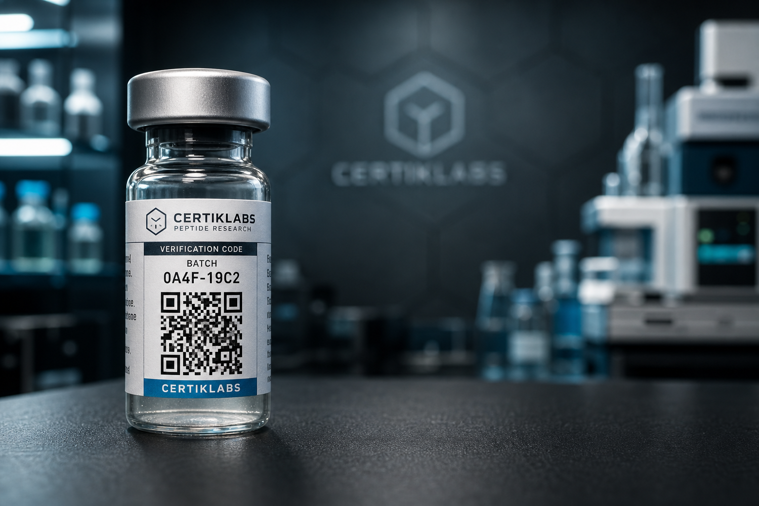 Close-up of a sealed CertikLabs peptide verification vial with a QR code label, staged in the analytical chemistry laboratory.